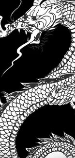 Intricate black and white dragon design on a mobile wallpaper.