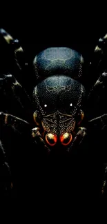 Intricately detailed dark spider on black background, vibrant red eyes.