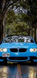 Blue car on a forest road in the rain.