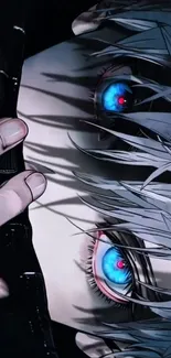 Anime character with striking blue eyes and intricate details.