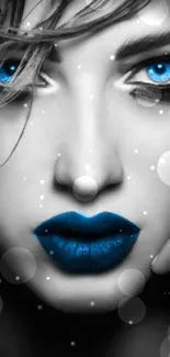 Monochrome portrait with vivid blue eyes and lips.