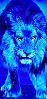 Striking electric blue lion with glowing eyes in a captivating wallpaper.