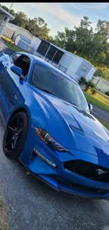 Blue Mustang parked on neighborhood road, showcasing sleek design.