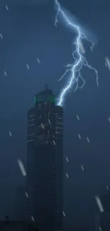 Lightning strikes a tower in a dark cityscape at night.