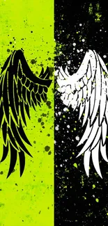 Dual angel wings in black and white on a vibrant green splatter background.