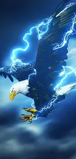 Majestic eagle surrounded by lightning in a stormy blue sky.