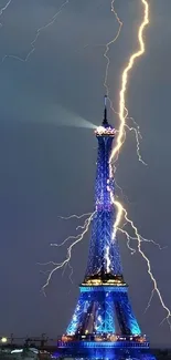 Eiffel Tower lit by lightning in Paris night sky.