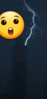 City skyline at night with lightning and emoji.