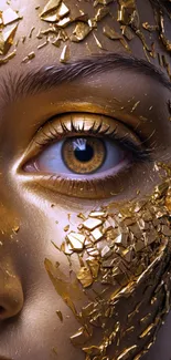 Close-up of a face with gold flakes and detailed eye in artistic wallpaper.