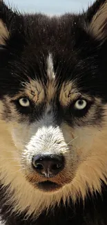 Close-up of a striking Siberian Husky with blue eyes against a natural backdrop.