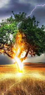 Dramatic wallpaper of a tree struck by lightning and engulfed in flames.