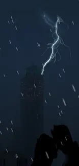 Dark cityscape with lightning and rainy night.