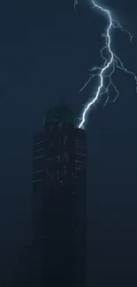 Lightning strikes skyscraper at night in cityscape.