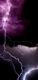 Vibrant purple lightning illuminating a dramatic night sky.