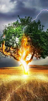 A dramatic scene of a tree struck by lightning in a field.