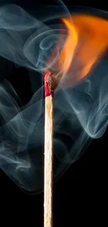 Vibrant orange flame with smoky swirls on a matchstick against a dark background.