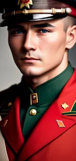 Portrait of a soldier in red military uniform with striking details.