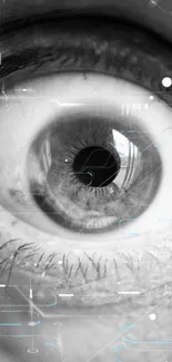 Monochrome close-up of a wide open eye with detail.