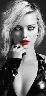 Monochrome wallpaper with blonde woman in black and vivid red lips.