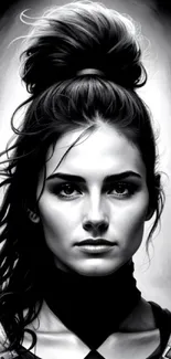 Monochrome portrait of woman with high bun and intense expression.