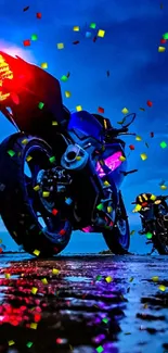 Motorcycle with vibrant lights at night, reflecting on wet road.