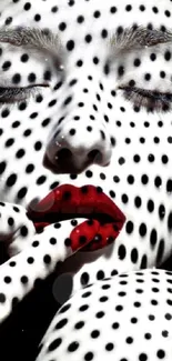 Artistic wallpaper with red lips and polka dot pattern on a face.