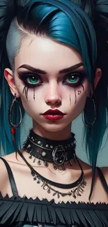 Gothic punk portrait with blue hair.