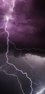 Purple lightning storm with dramatic clouds.