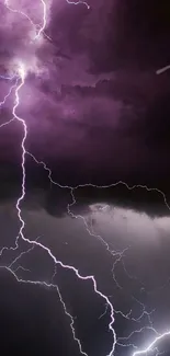 Purple lightning strikes in a dramatic night sky.