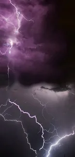 Vibrant purple lightning strikes across a stormy sky.