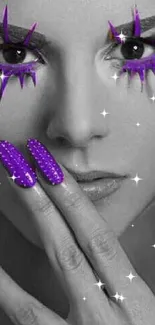 Bold portrait with purple makeup and nails on black and white background.