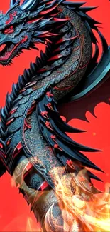 Intricate dragon art on vibrant red background, ideal for mobile wallpaper.