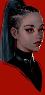 Stylized woman with bold makeup on a vibrant red background.