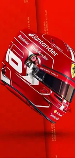 Red racing helmet with Ferrari logo on vibrant background.