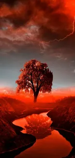 Red tree under a dramatic lightning-filled sky, creating a surreal landscape.