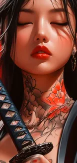Woman with samurai sword and tattoos on a red background.