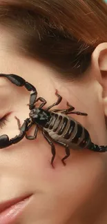 Close-up image of scorpion on cheek with artistic detail.