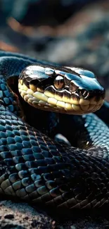 Coiled black snake in natural setting.