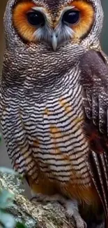 A striking striped owl perched on a tree branch.
