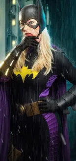 Superheroine in dynamic costume with cityscape background.