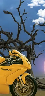 Vibrant yellow motorcycle in stormy landscape with lightning and barren trees.