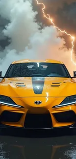 Yellow sports car with striking lightning in the background.