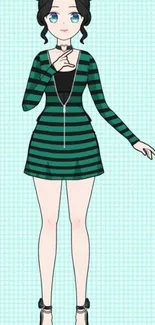 Anime girl in green striped dress on light blue background.