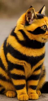 Black and yellow striped cat sitting.