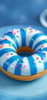 Blue and white striped donut with sprinkles on blue background.