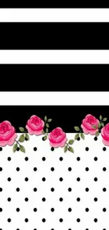 Chic wallpaper with black stripes, pink roses, and polka dots for mobile phones.