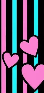 Vibrant mobile wallpaper with pink hearts on black, cyan, and pink stripes.