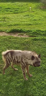 Striped hyena standing in a lush green meadow.