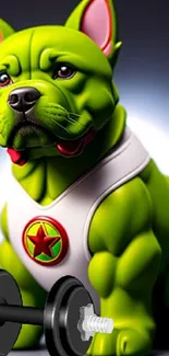 A muscular green dog with a dumbbell, wearing a star vest on a gradient background.