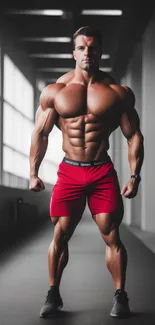 Muscular man standing in gym wearing red shorts.